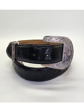 Ferrini Mens Black Ostrich Belt With Large Silver Plated Buckle Size 40 Western